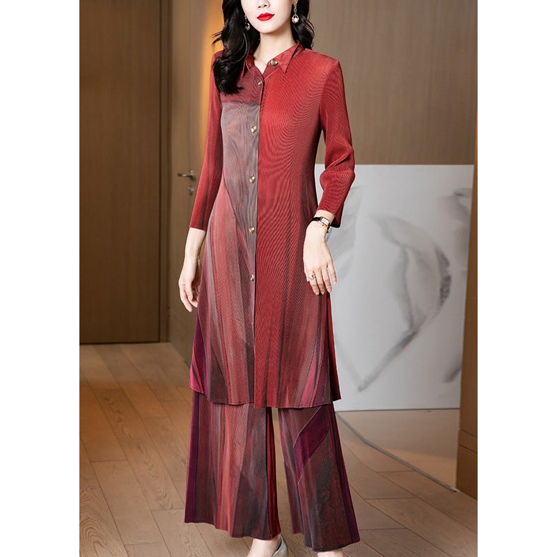 Mulberry Wrinkled Side Open Silk Shirts And Wide Leg Pants Two Pieces Set Long Sleeve