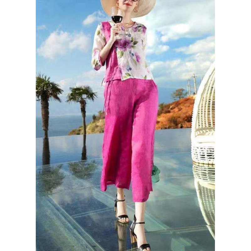 Novelty V Neck Print Shirts And Wide Leg Pants Two Pieces Set Summer