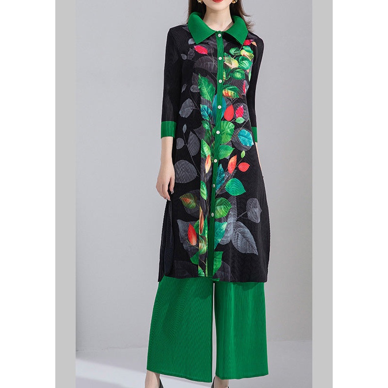 Plus Size Black Peter Pan Collar Print Patchwork Button Shirts And Wide Leg Pants Two Piece Set Spring