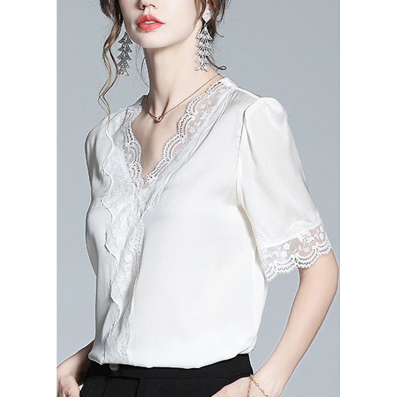 Plus Size White V Neck Lace Patchwork Silk Top Summer