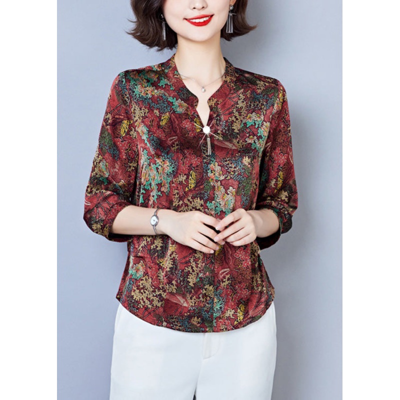 Red Button Silk Tops Long Sleeve