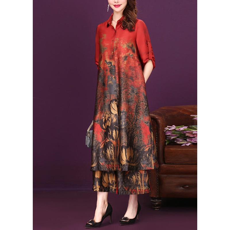 Red Peter Pan Collar Silk Long Shirts And Wide Leg Pants Two Piece Set Summer