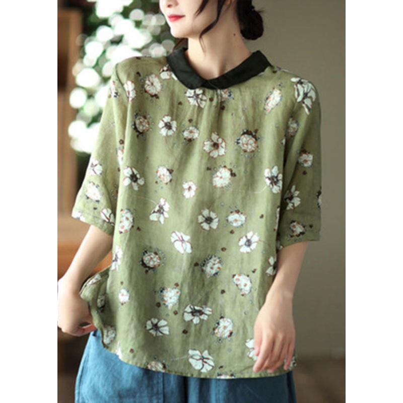 Retro Blackish Green Peter Pan Collar Print Linen Shirt Half Sleeve