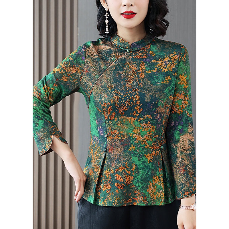 Retro Green Stand Collar Print Button Silk Top Long Sleeve