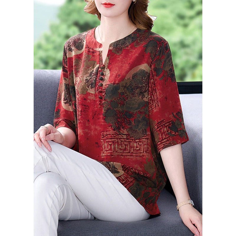 Retro Red V Neck Print Silk Top Half Sleeve