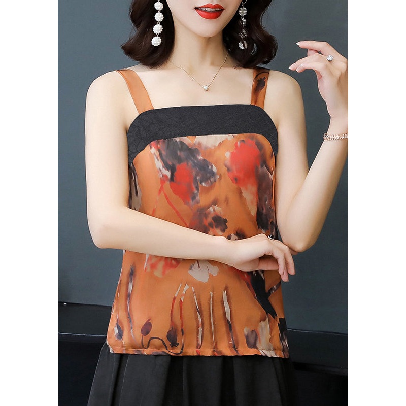 Sexy Orange Slash Neck Patchwork Print Silk Vest Summer
