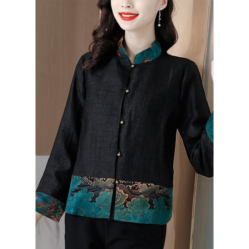 Simple Black Stand Collar Print Patchwork Button Silk Shirt Long Sleeve