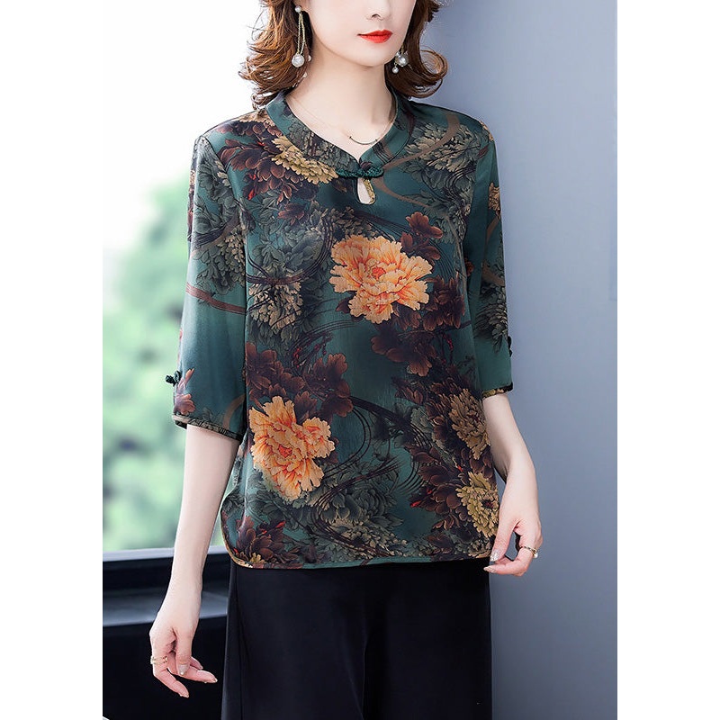 Simple Green O-Neck Print Button Silk Top Half Sleeve