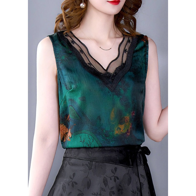 Stylish Blue V Neck Print Tulle Patchwork Silk Tank Top Summer