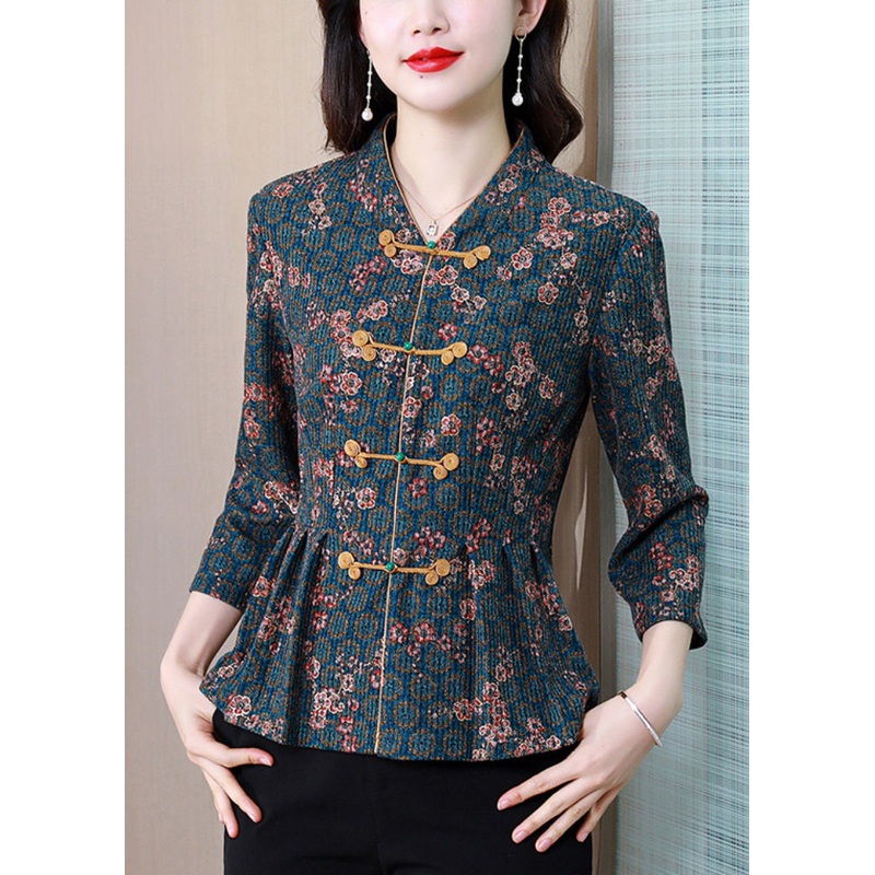 Unique Blue V Neck Print Button Cotton Shirt Long Sleeve