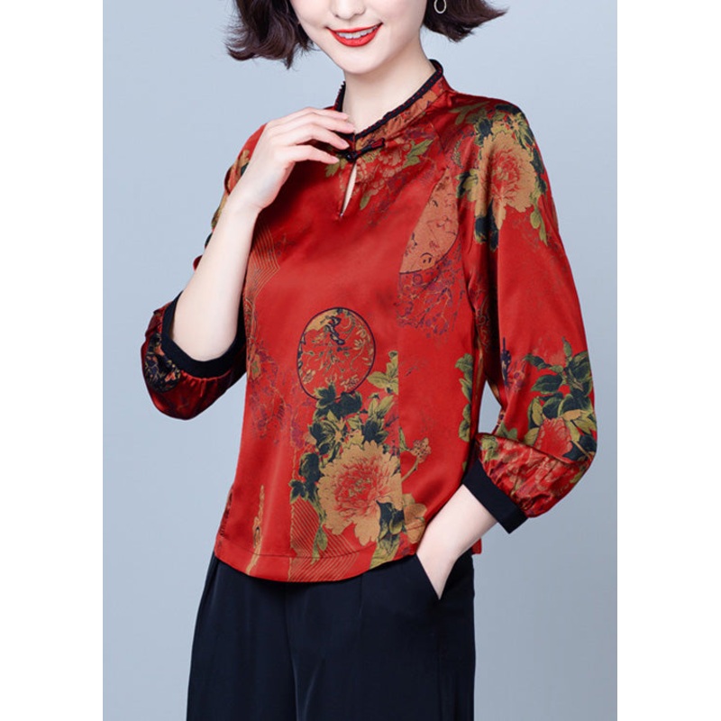 Vintag Red Stand Collar Print Button Silk Top Spring