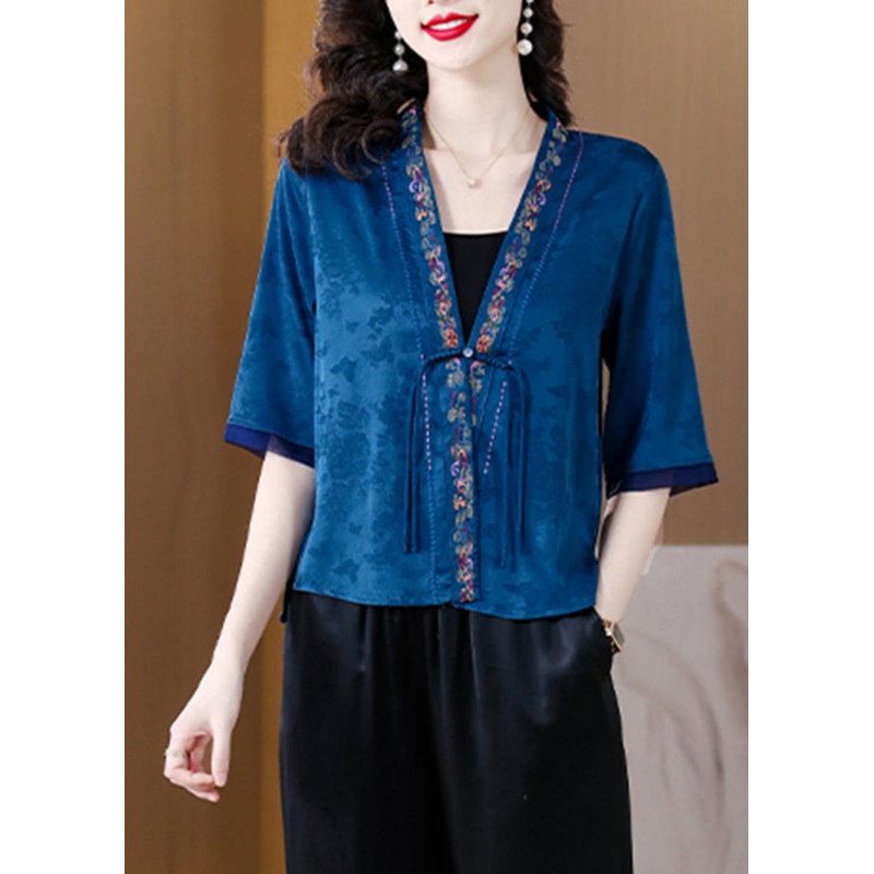 Vintage Blue V Neck Embroidered Button Ice Silk Shirt Half Sleeve