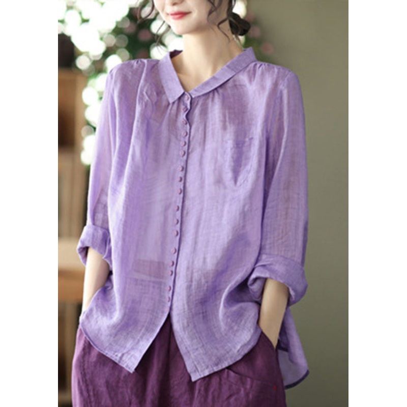 Vintage Purple Peter Pan Collar Button Linen Shirt Long Sleeve