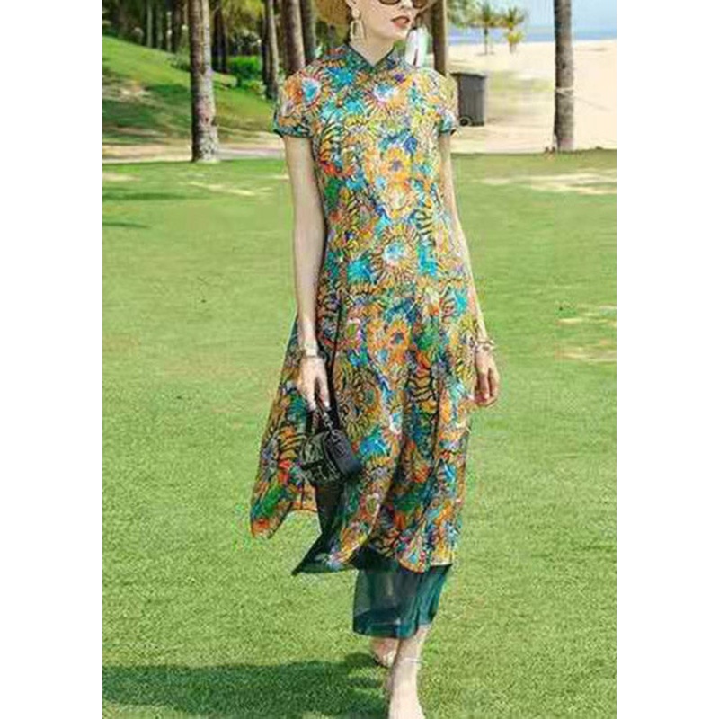 Vintage Stand Collar Print Draping Silk Long Shirts And Wide Leg Pants Two Piece Set Summer