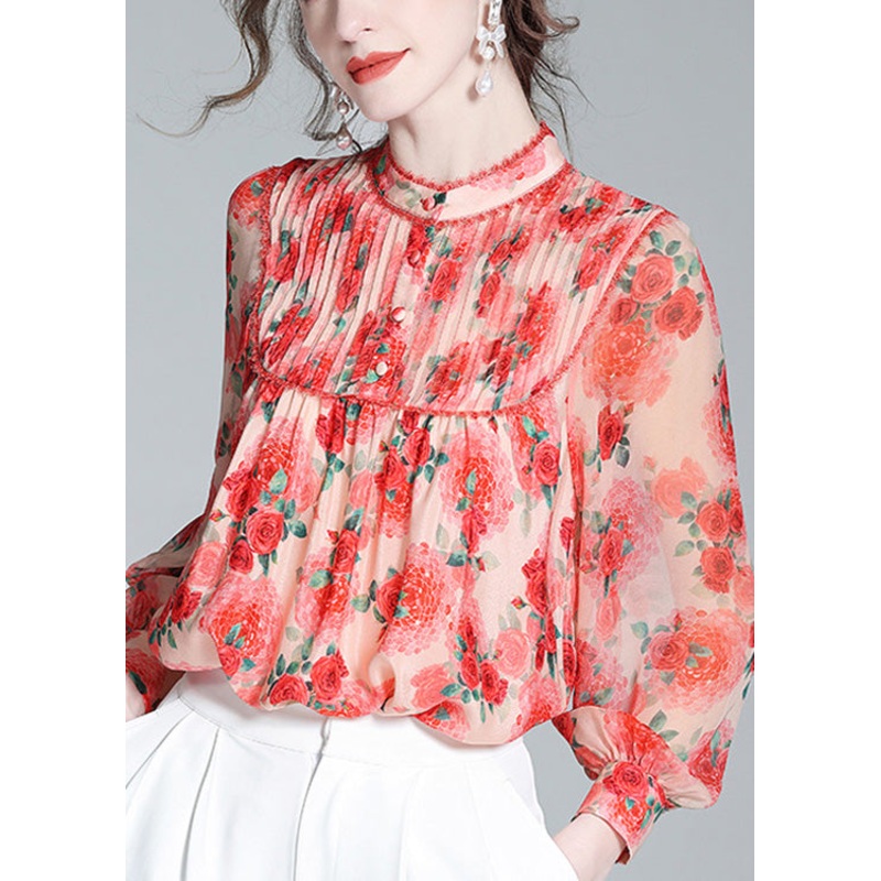 Vogue Red Stand Collar Print Patchwork Silk Shirt Long Sleeve