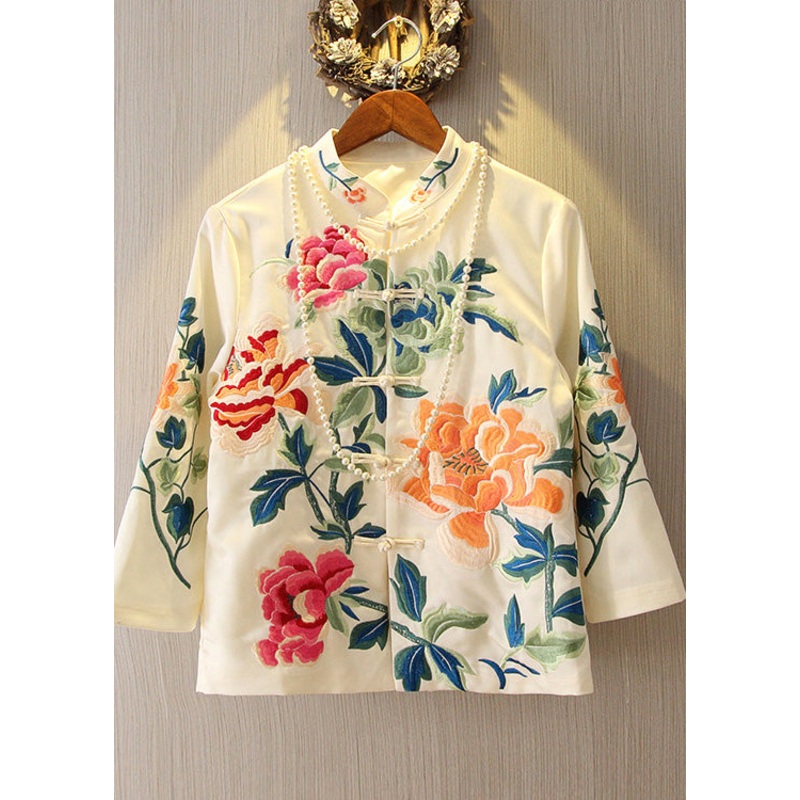White Stand Collar Button Coats Long Sleeve
