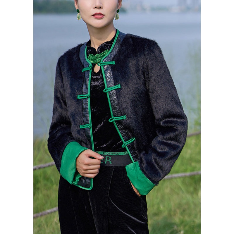 Women Black O-Neck Patchwork Button Velour Coats Long Sleeve