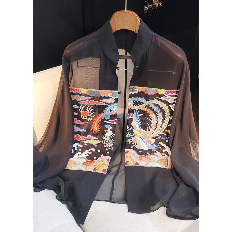 Women Black Stand Collar Embroideried Floral Silk Shirts Long Sleeve