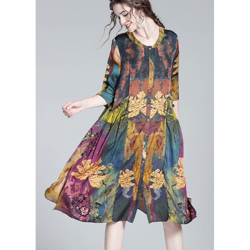 Women Blue Purple Print O-Neck Button Maxi Shirts Dresses Summer