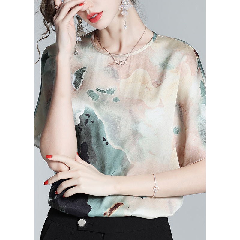 Women O-Neck Print Silk Shirts Short Sleeve