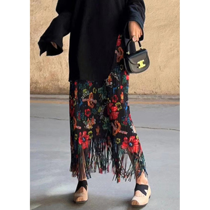 Women Red Print High Waist Tassel Silk A Line Skirts Summer