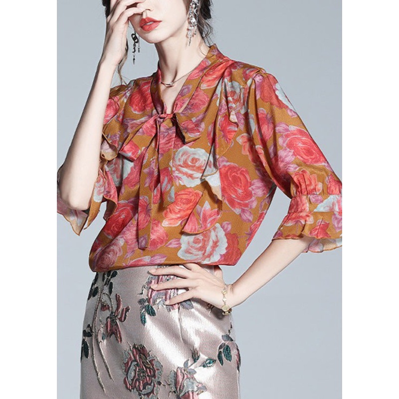 Women Red V Neck Print Bow Silk Shirt Half Sleeve