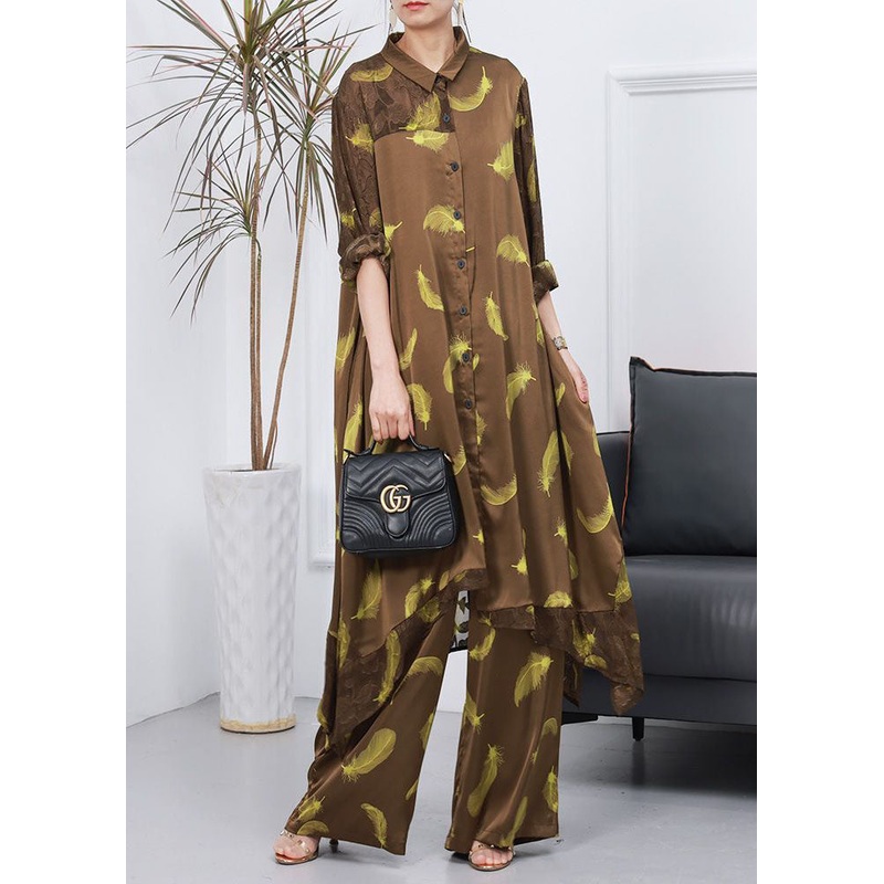 Yellow Print Patchwork Silk Two Pieces Set Wrinkled Asymmetrical Spring