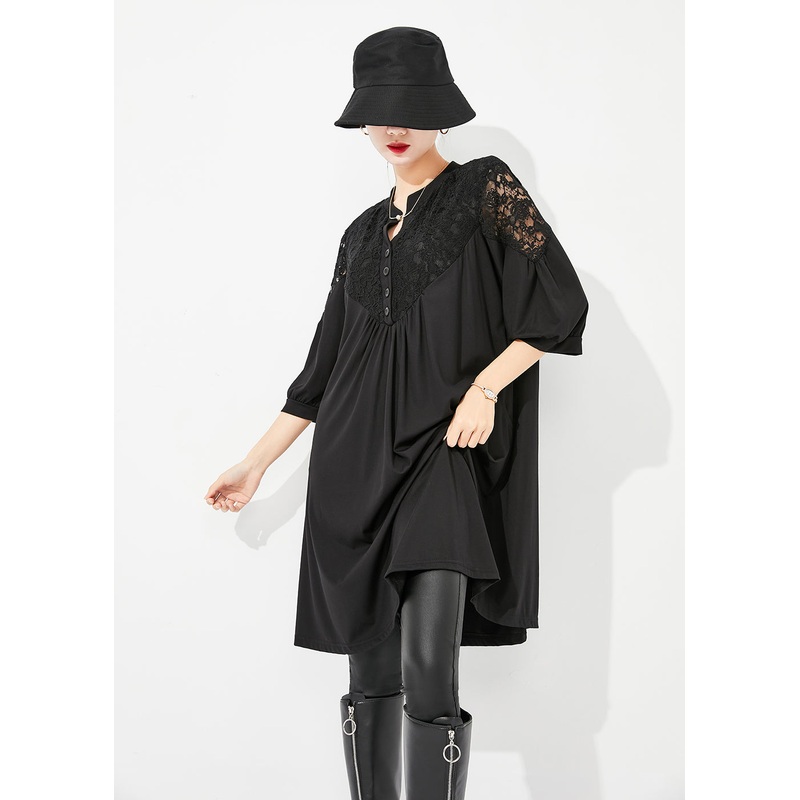Art Black Lace Patchwork Hollow Out Wrinkled Cotton Dress Half Sleeve