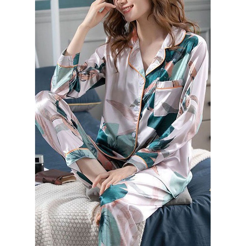 Art Blackish Green Print Ice Silk Two Pieces Set Pajamas Summer