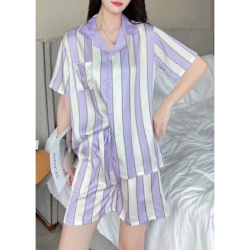 Art Purple Peter Pan Collar Striped Button Ice Silk Pajamas Two Pieces Set Summer