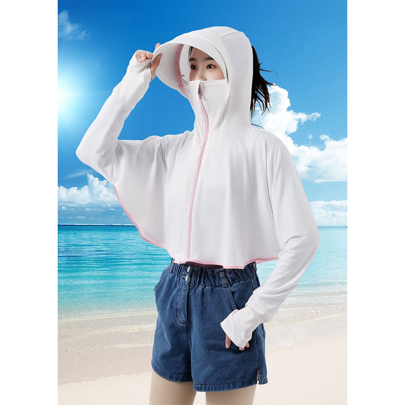 Art White Hooded Zip Up Patchwork Ice Silk UPF 50+ Coats Summer