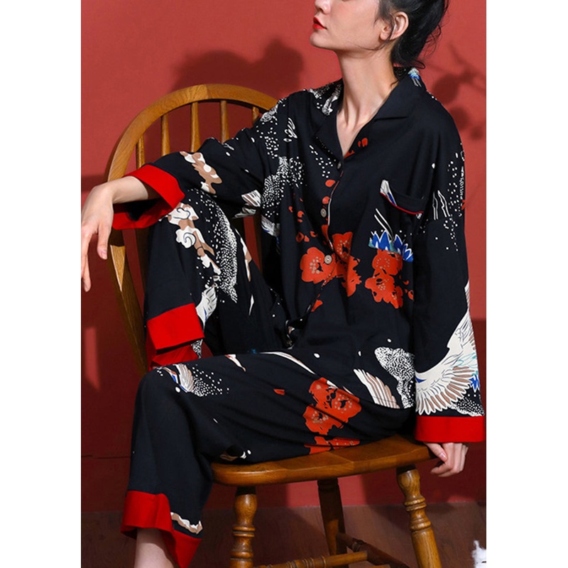 Beautiful Black Peter Pan Collar Patchwork Print Cotton Pajamas Two Piece Set Outfits Spring