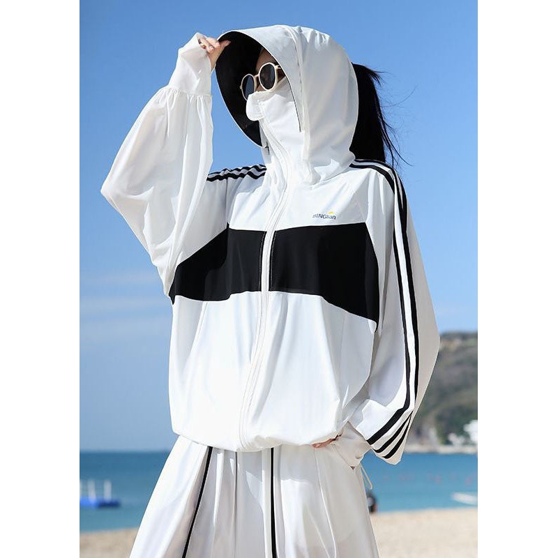 Beautiful White Hooded Zippered Patchwork Ice Silk UPF 50+ Jackets Summer