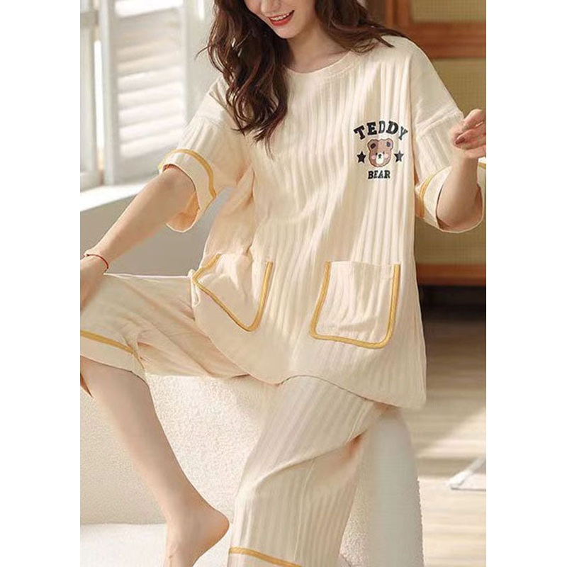 Beige Pockets Cotton Two Pieces Set Pajamas O Neck Short Sleeve