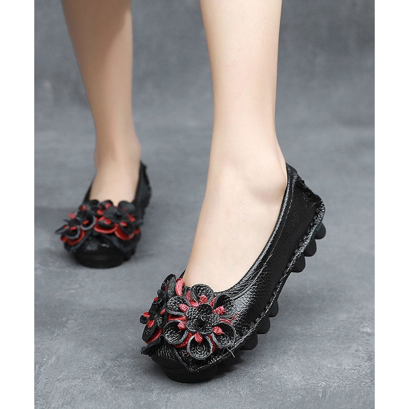 Black Penny Loafers Cowhide Leather Beautiful Floral Penny Loafers