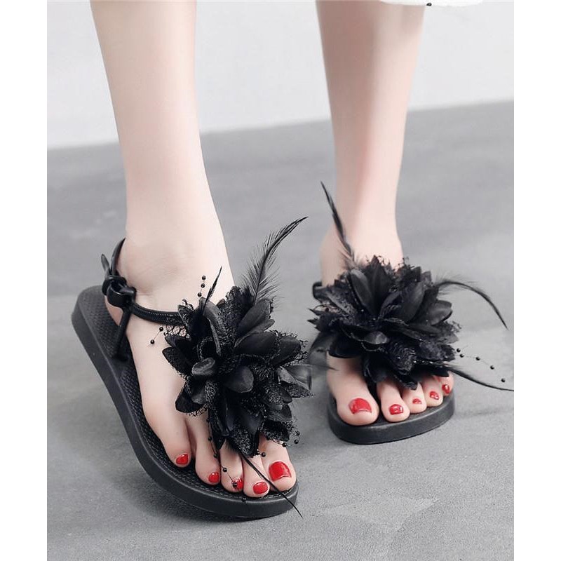 Black Splicing Floral Beach Holiday For Flat Sandals