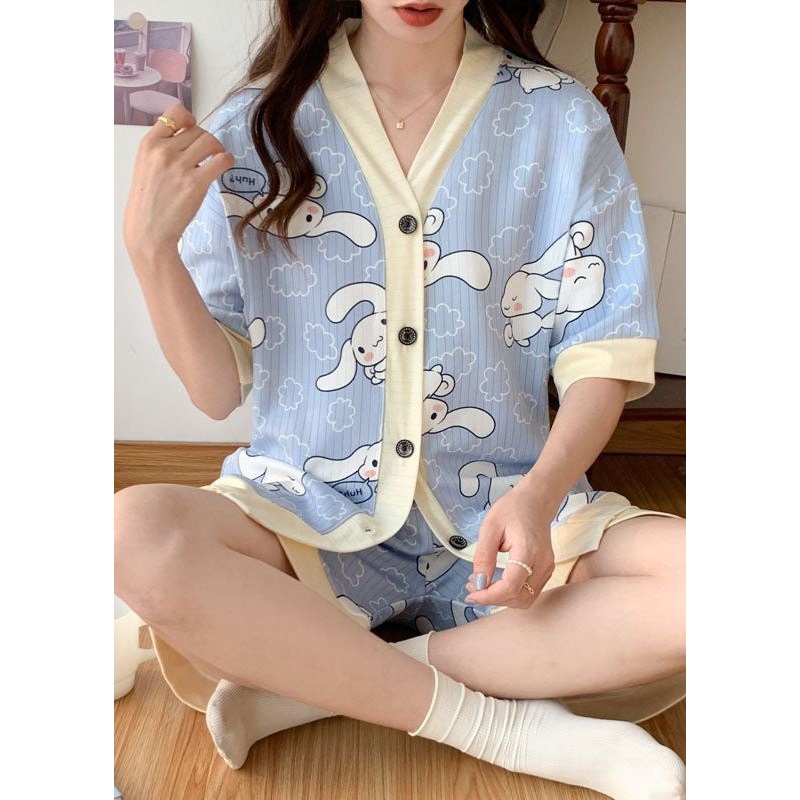 Blue Print Patchwork Cotton Two-Piece Set Pajamas V Neck Summer