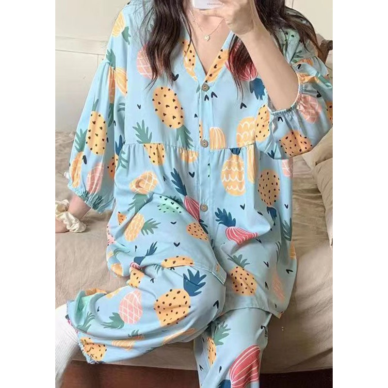 Blue Print Patchwork Cotton Two Pieces Set Pajamas V Neck Summer