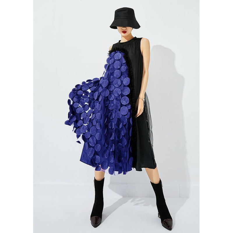 Bohemian Black-Blue Dot Asymmetrical Patchwork Wrinkled Tulle Maxi Dress Sleeveless