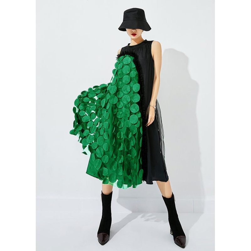 Bohemian Black-Green Dot Asymmetrical Patchwork Wrinkled Tulle Maxi Dress Sleeveless