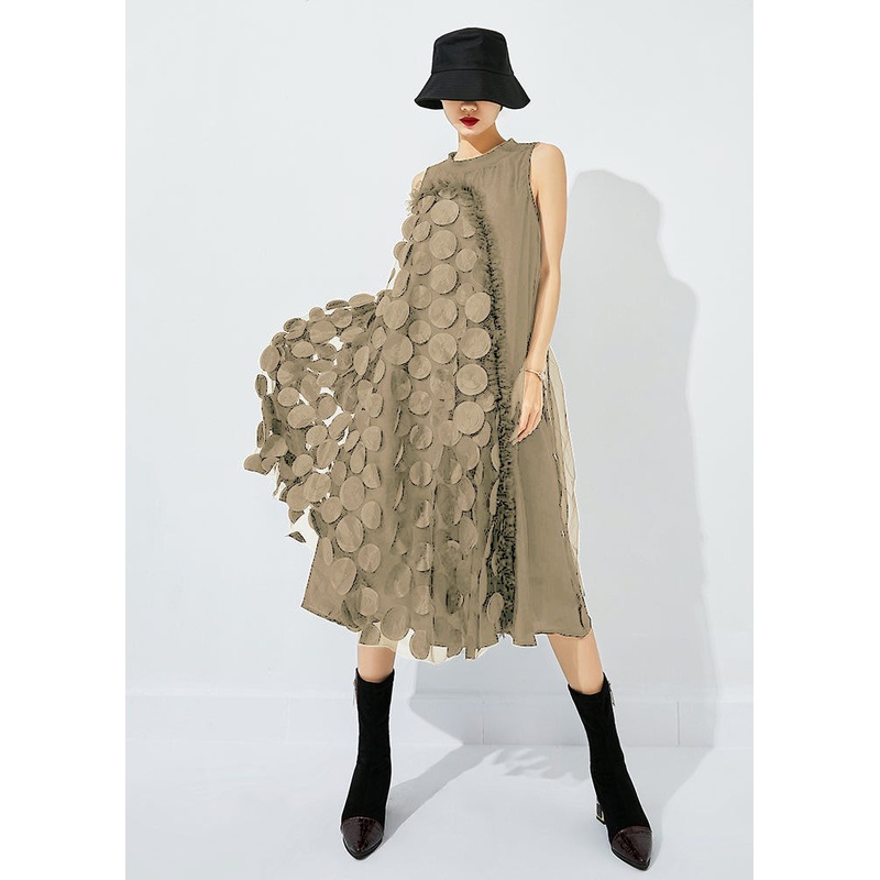 Bohemian Khaki Asymmetrical Patchwork Wrinkled Tulle Maxi Dress Sleeveless