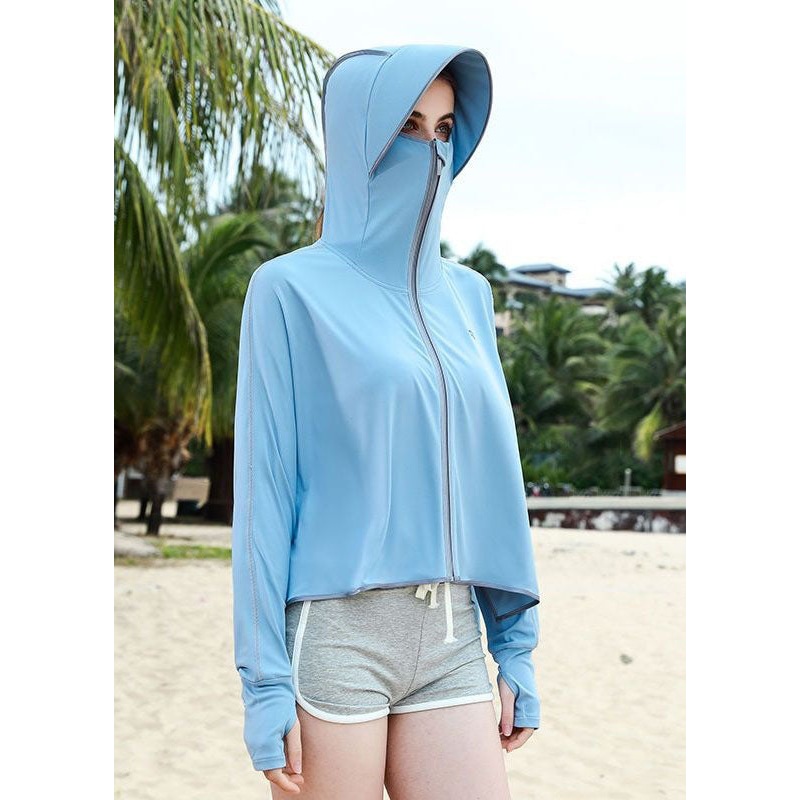 Boho Baby Blue Hooded Zippered Patchwork Ice Silk UPF 50+ Coat Summer
