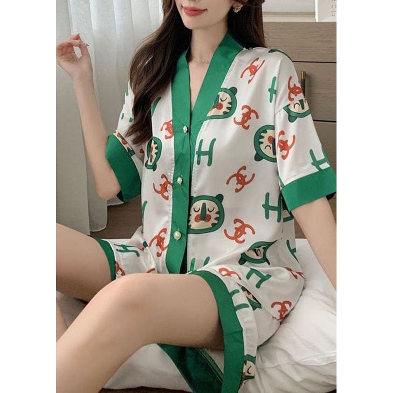 Boho Green V Neck Print Button Ice Silk Pajamas Two Pieces Set Summer
