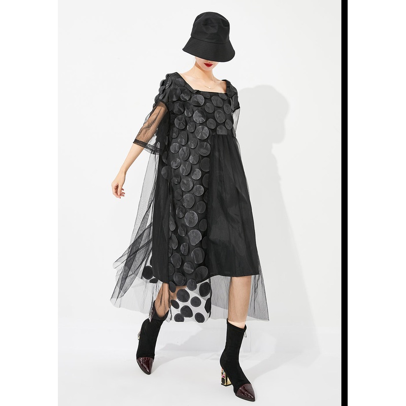 Boutique Black Square Collar Patchwork Hollow Out Tulle Long Dress Summer