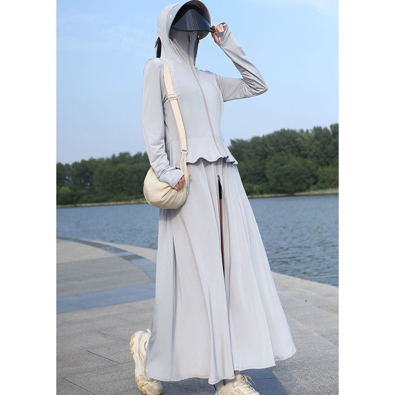 Boutique Grey Hooded Zippered Thin Ice Silk Long UPF 50+ Coat Summer