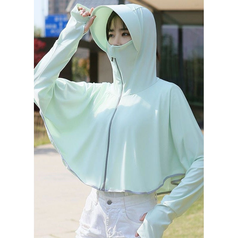 Boutique Light Green Hooded Zip Up Patchwork Ice Silk UPF 50+ Coats Summer