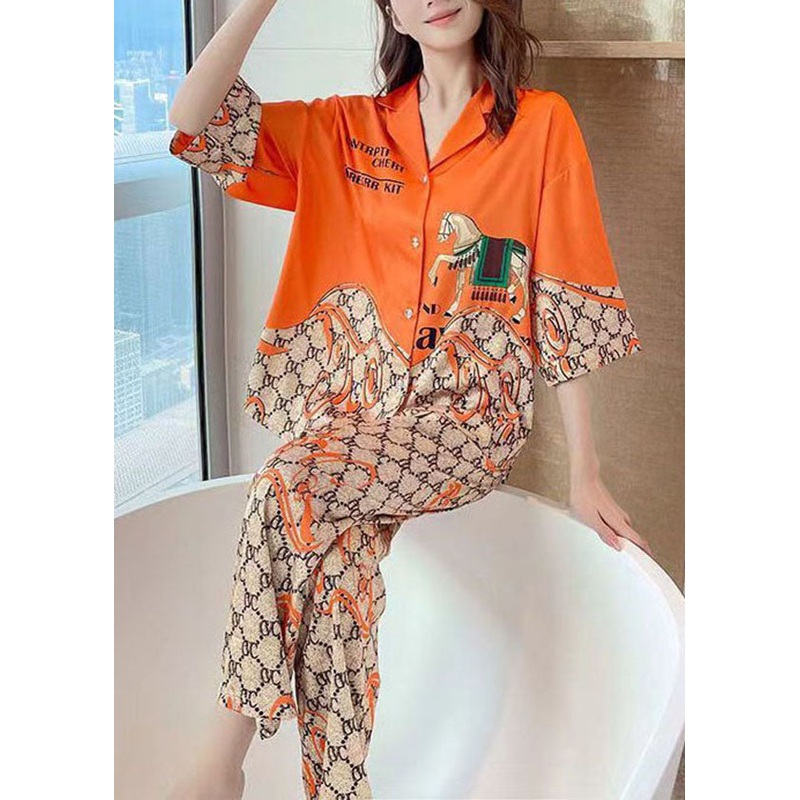 Boutique Orange Peter Pan Collar Print Ice Silk Pajamas Two Piece Set Summer