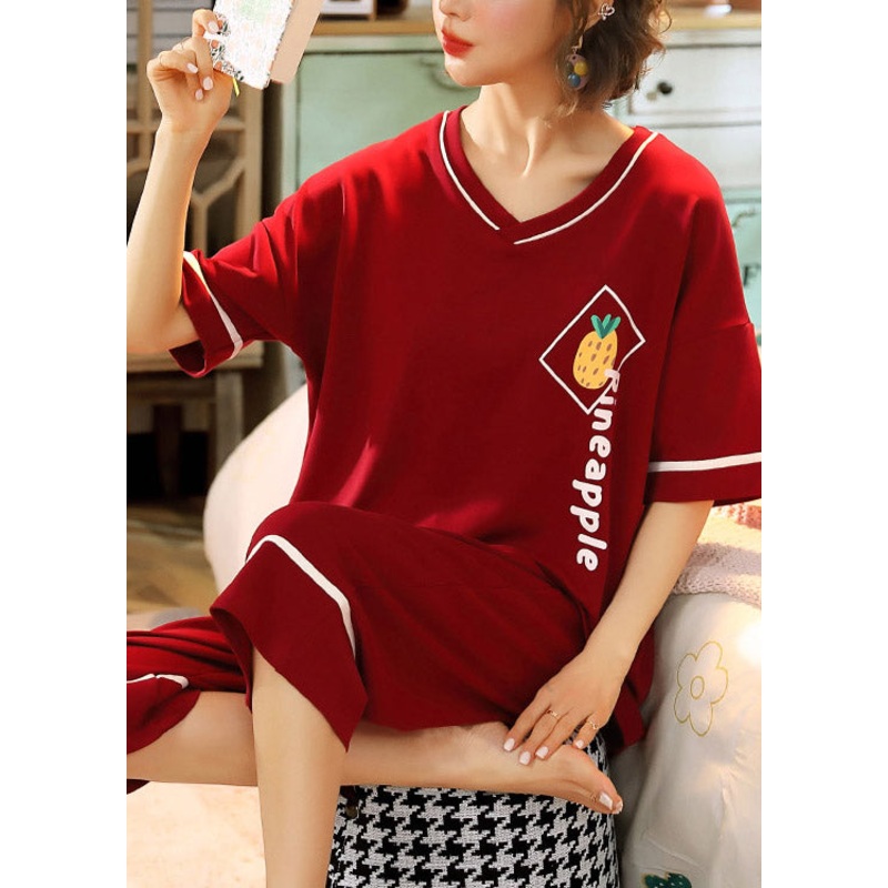 Boutique Red Graphic Print Cotton Pajamas Two Pieces Set Summer
