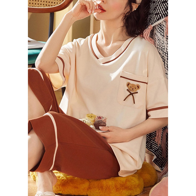 Brief Beige V Neck Little Bear Print Cotton Pajamas Two Pieces Set Short Sleeve