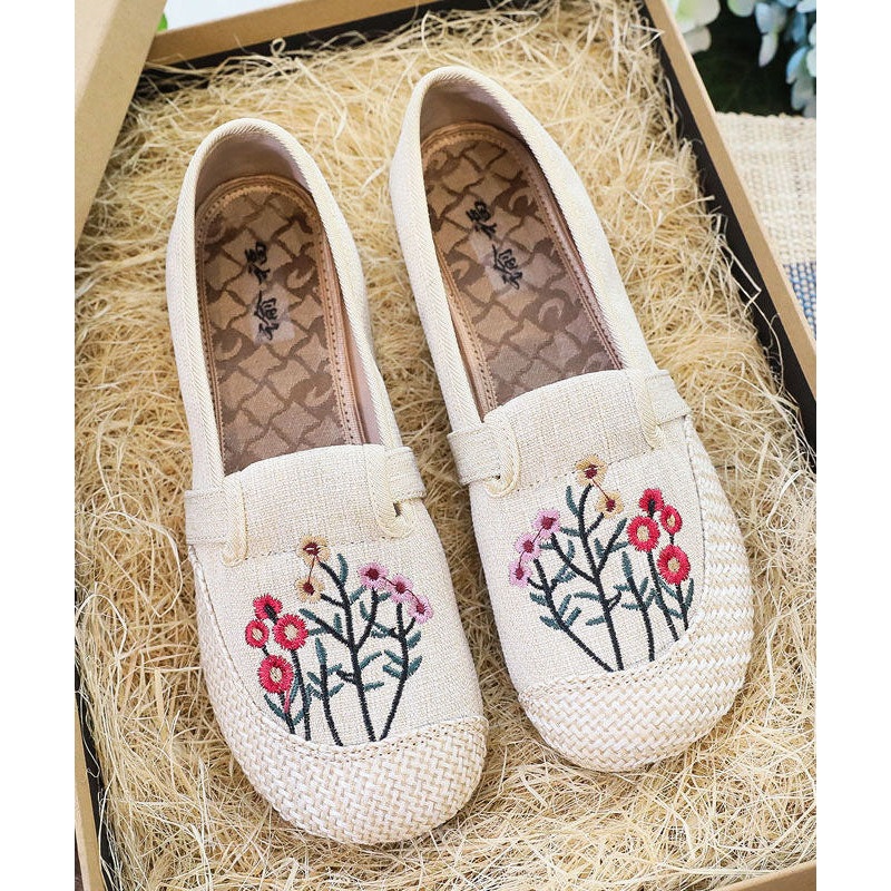 Casual Beige Embroidered Flat Shoes For Women Splicing Flat Feet Shoes